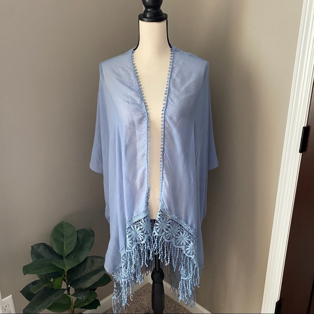 Hinge Lace Trim Kimono Blue Sz OS
